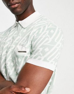 Liquor N Poker jersey co-ord in sage green with jacquard print
