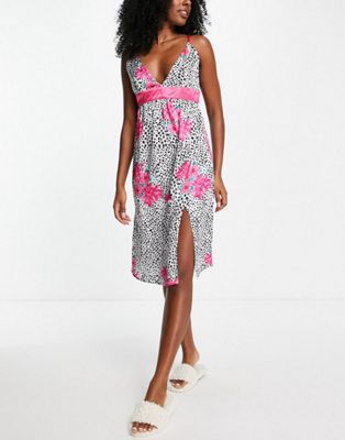 Liquorish satin nightdress and robe set in leopard and floral print