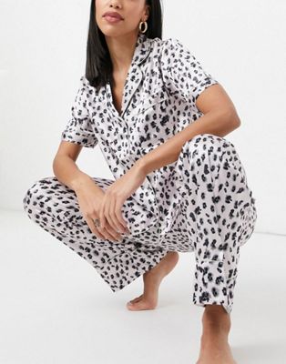 Liquorish sleepwear set in mono leopard with sage trim | ASOS