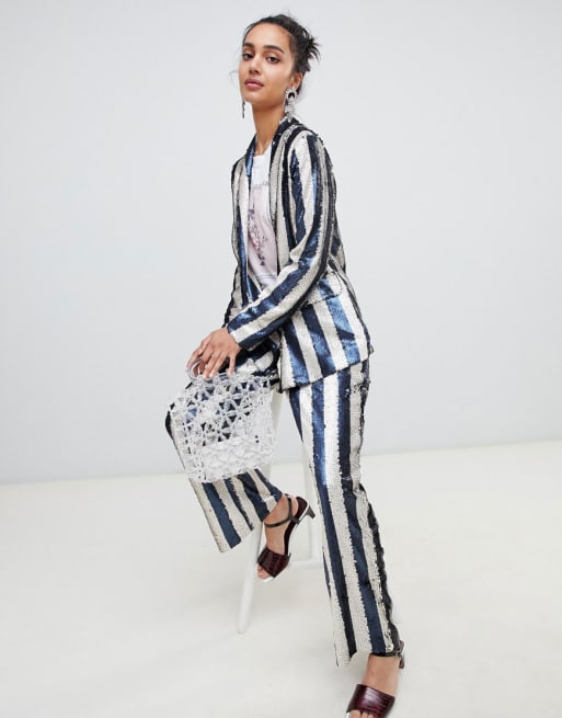 Lost Ink relaxed blazer trouser in sequin stripe co ord ASOS