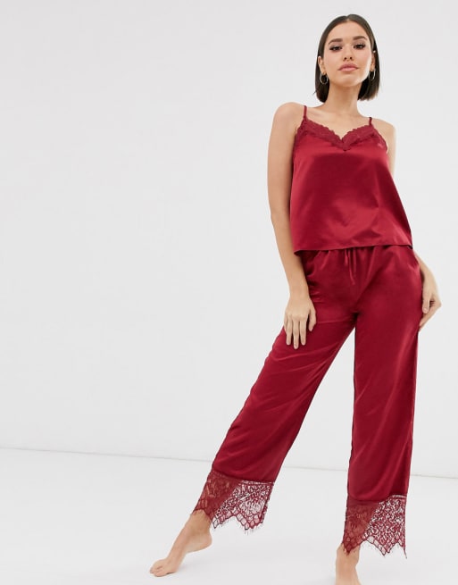 Loungeable burgundy satin pyjama set