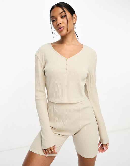 Cream Selma button Up Sleeve Loungewear Set