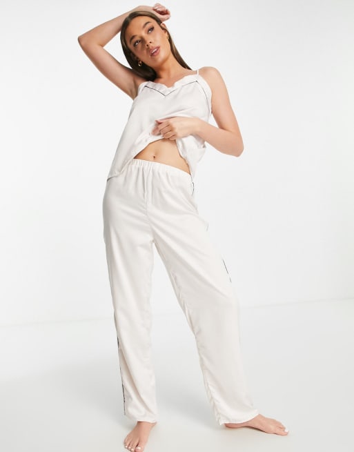 Loungeable – Mix and Match – Satin-Pyjama in Cremeweiß