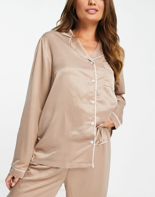 Loungeable satin mix and match pyjama set in mocha