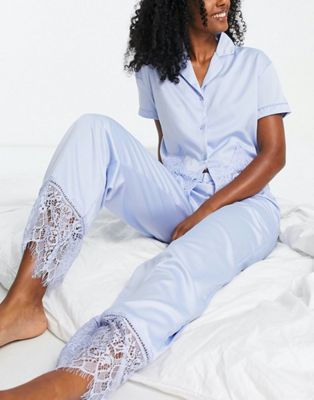 Loungeable satin pyjama mix and match set in light blue