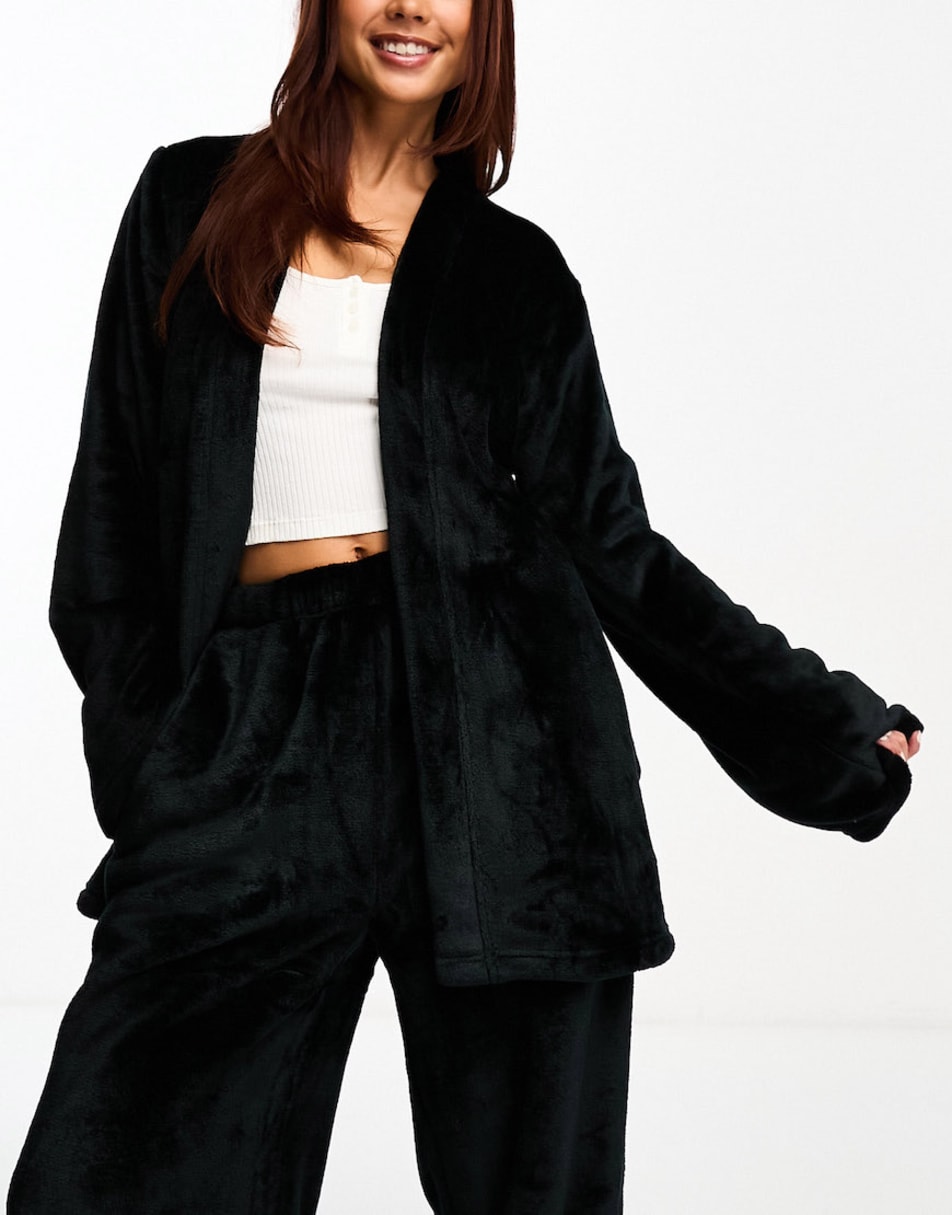 Loungeable soft fleece kimono and trouser co-ord in black