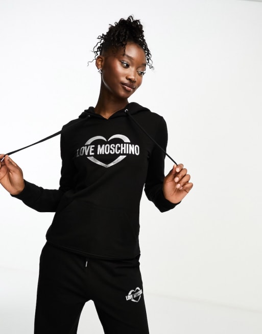 Love Moschino - Coordinato con felpa con cappuccio aderente con logo e joggers con fondo ampio, colore nero