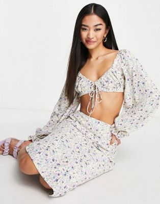 Love Triangle balloon sleeve bra top and midi skirt co-ord in lilac ditsy floral