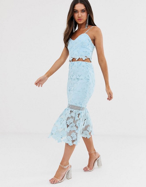 Love Triangle cami strap cut work lace crop top & skirt co-ord