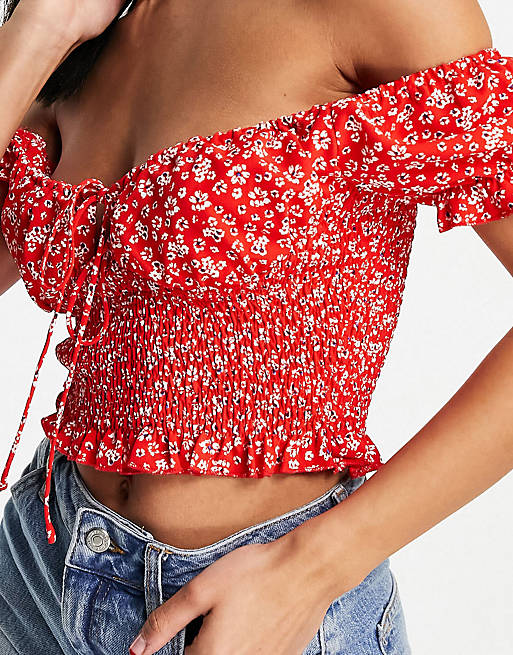 Love Triangle crop milk maid top in red and white ditsy floral co-ord