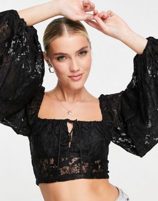 Love Triangle puff sleeve milkmaid top co-ord in black lace