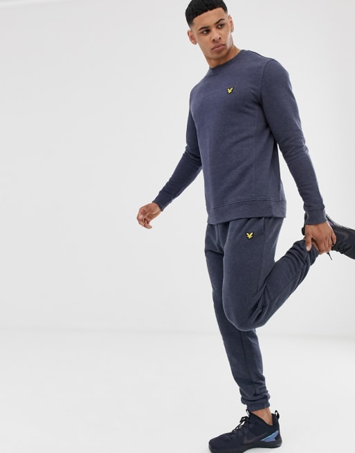 Lyle & Scott Fitness – Marinblåmelerad träningsoverall med fleecefoder och logga