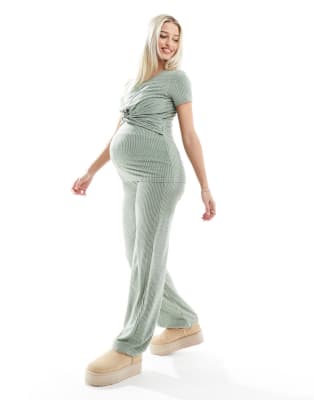 Mamalicious Maternity over the bump ribbed jersey wide leg pants and twist front top
