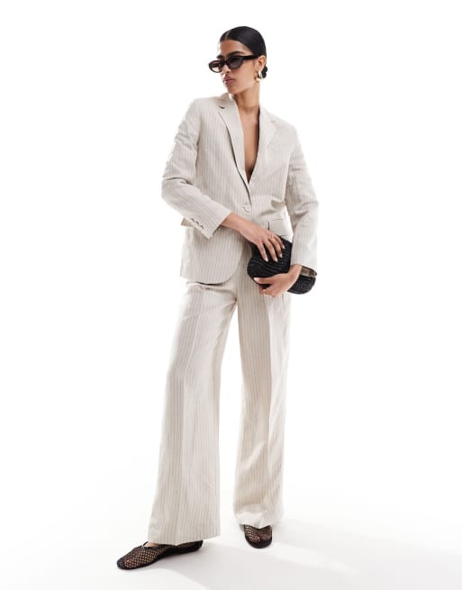 Mango – Beige set med oversize kavaj och raka byxor i linnemix