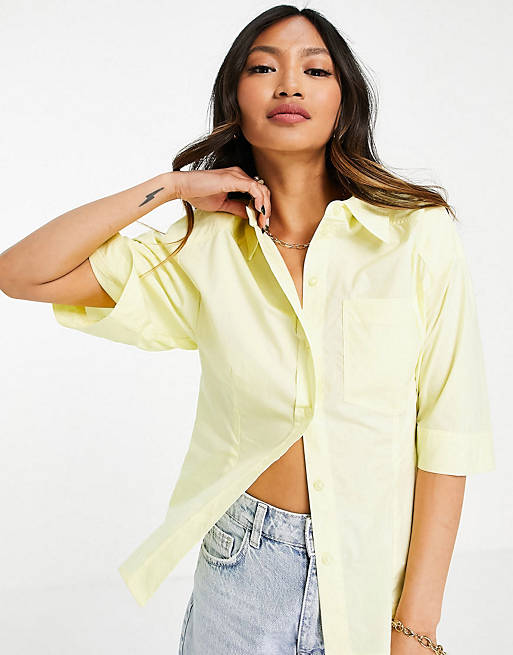 Mango - Citrongult sæt med poplin-skjorte og cropped bukser