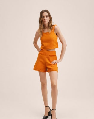 Mango - Co-ord set van top en short met ruches en stof met textuur in feloranje - ORANJE