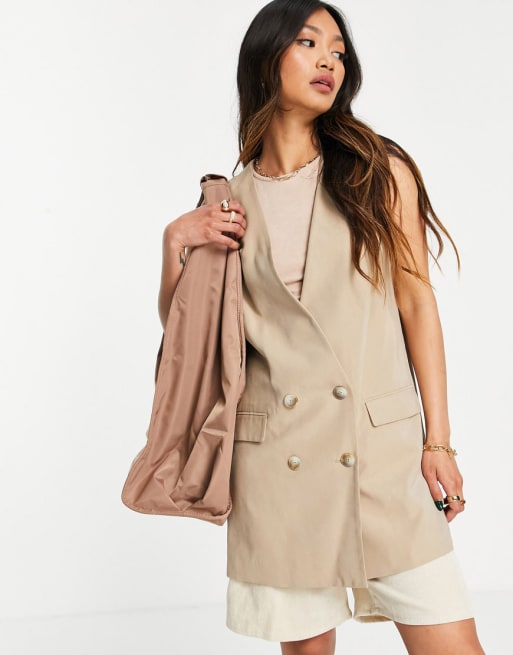 Mango - Combi-set met mouwloos gilet, blazer en broek met wijde pijpen in camel