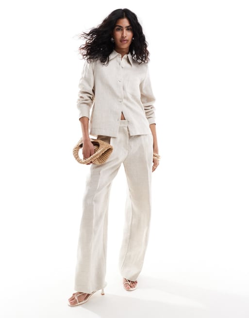 Mango - Coordinato in lino beige con camicia e pantaloni