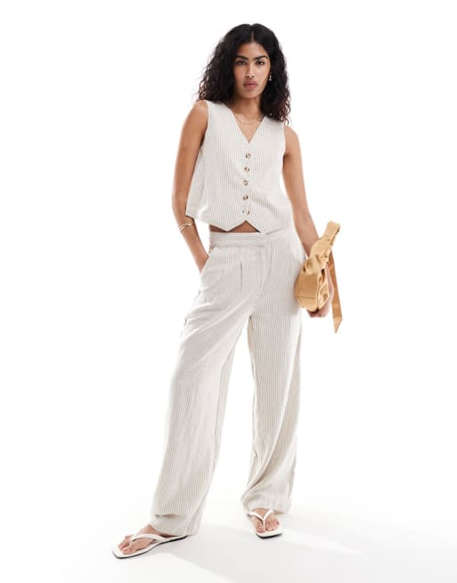 Mango - Coordinato in misto lino bianco a righe con gilet e pantaloni dritti