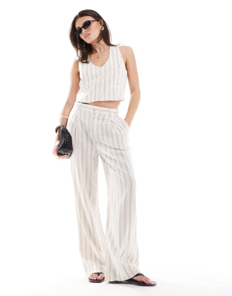 Mango - Ensemble gilet de tailleur et pantalon à rayures en lin mélangé - Blanc - view 1