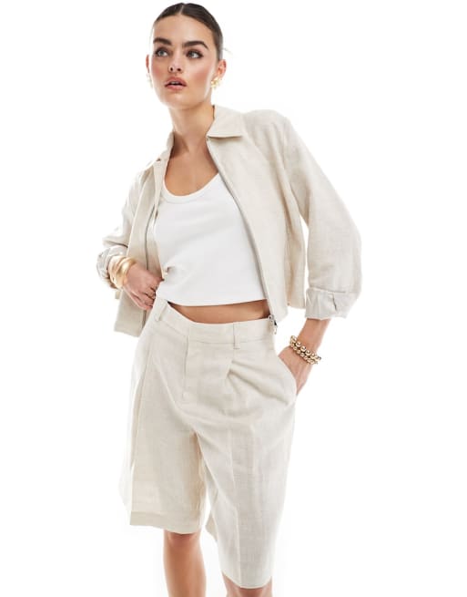 Mango - Ensemble veste et short slim en lin - Beige