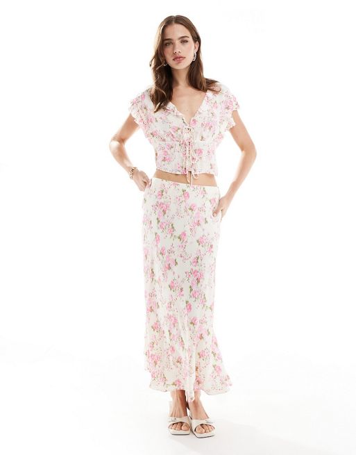 Mango floral printed top and skirt co-ord set in white