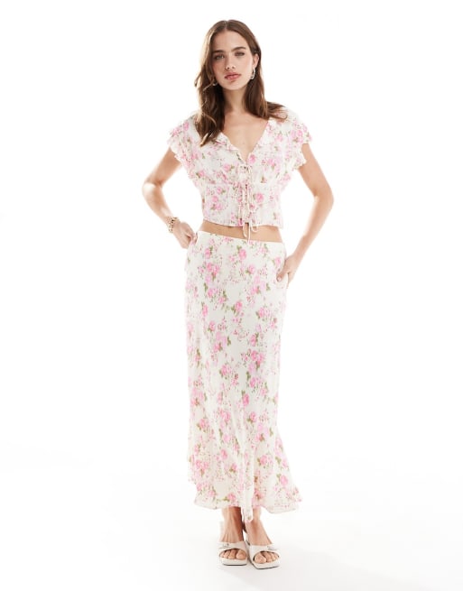 Mango floral printed top and skirt set in white