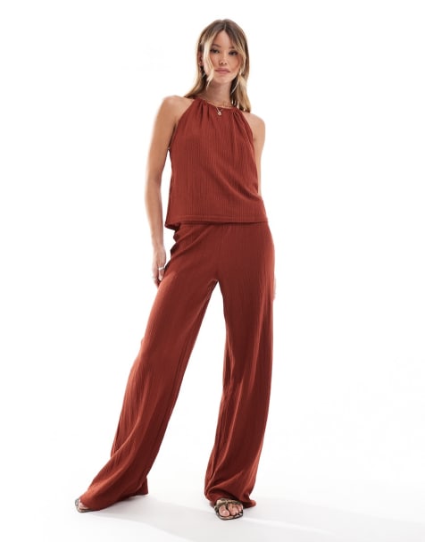 Mango high neck textured top and straight leg trousers set in red - view 1