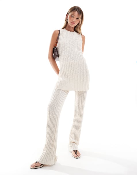 Mango knitted sleeveless top and trousers co-ord set in beige - view 1