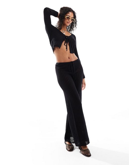 Mango knotted cardigan and flare trousers co-ord set in black
