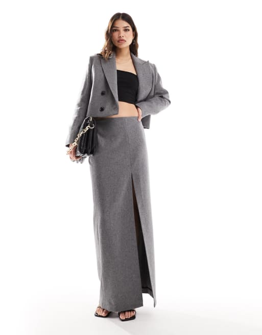 Mango – Kurz geschnittener, zweireihiger Blazer und eleganter Rock mit Schlitz vorne in Grau