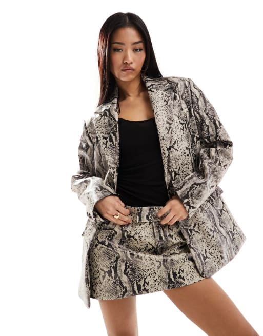 Mango leather-look snake print blazer and mini skirt set in gray and white 