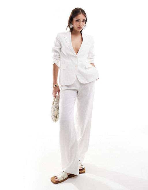 Mango linen cinched waist blazer and tailored trousers co-ord set in white