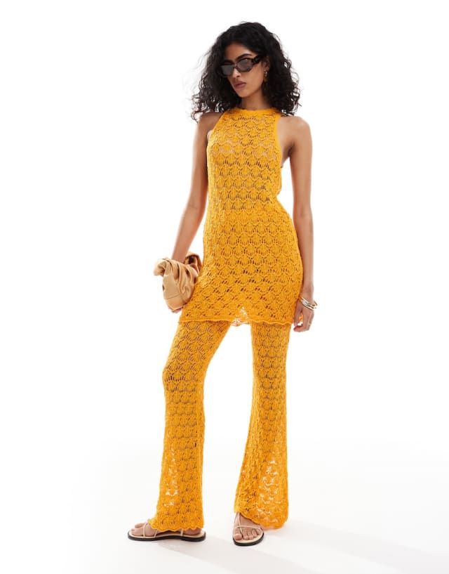 Mango - longline crochet top and straight leg trousers co-ord set in orange