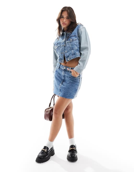 Mango mixed denim jacket and mini skirt co ord set in blue ASOS