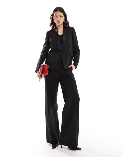 mango satin tuxe blazer and cropped trousers set in black