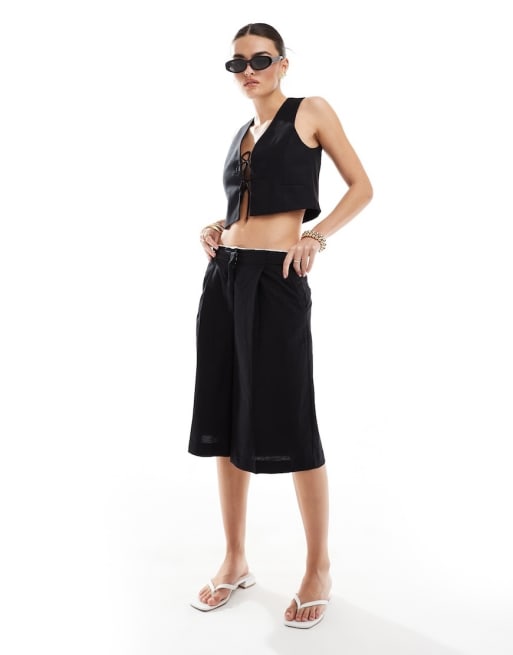 Mango – Set aus Leinenmix in Schwarz mit vorne gebundener Weste und Hose