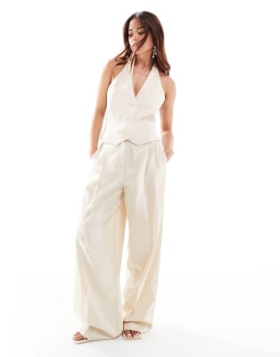 Mango – Set aus Leinenmix mit Neckholder-Weste und Hose in Beige