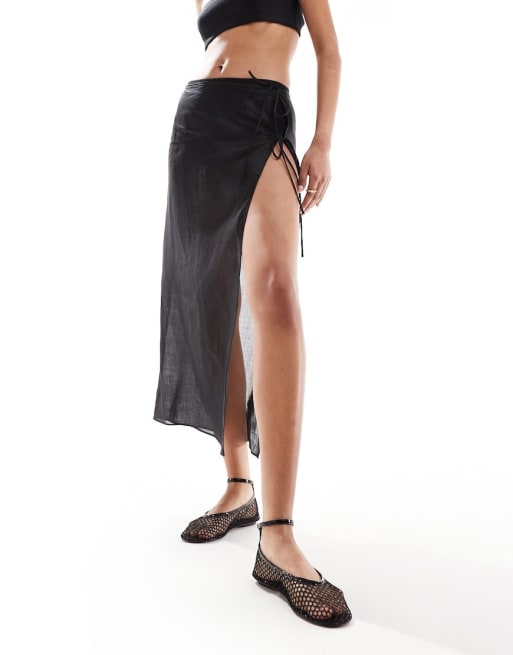 Mango sheet lightweight tie side skirt and mini knitted shorts co-ord set in bla