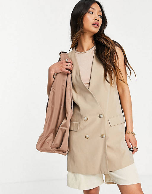 Mango sleeveless tailored waistcoat blazer and wide trouser co-ord in camel