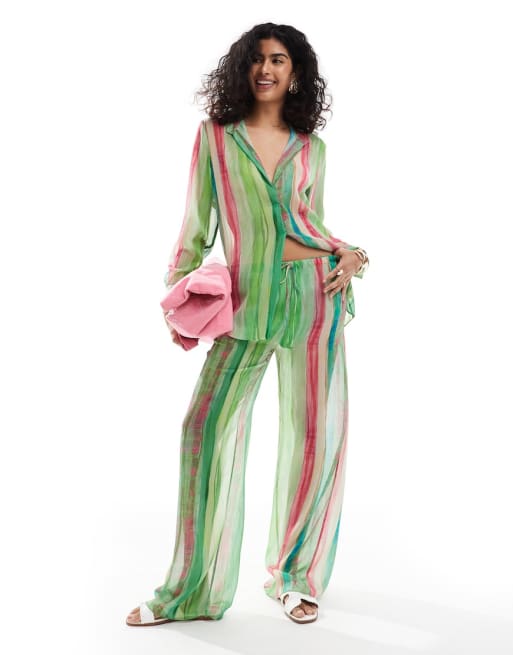 Mango - Strand co-ord set met gestreept overhemd en broek in groen en roze