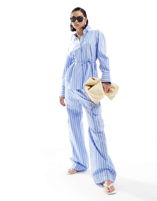 Mango - stripe shirt and straight leg tie waist trousers co-ord set in blue