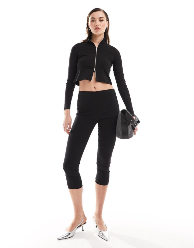 Mango - tech zip front jacket and pedal pusher bottoms set in black