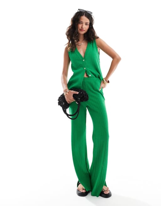 Mango textured vest and pants set in green