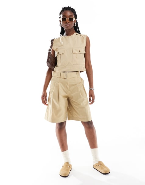 Mango utility sleeveless top and bermuda shorts co-ord set in tan - view 1