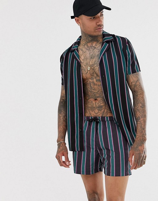 Mauvais revere shirt and swim shorts in blue stripe co-ord