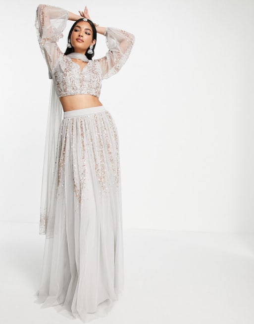 Maya all-over embellished lehenga maxi skirt in gray - GRAY
