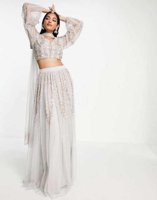 Maya all over embellished lehenga maxi skirt in grey ASOS