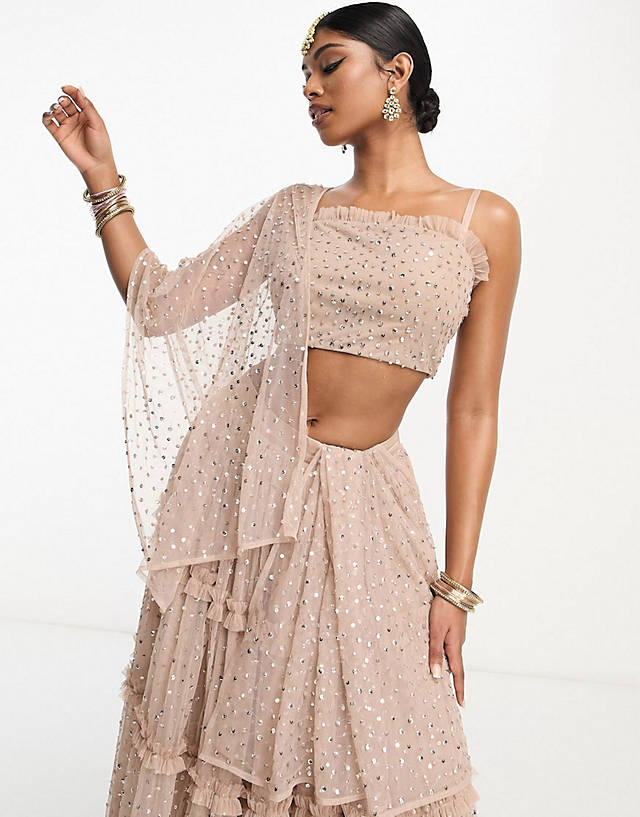 Maya - all over sequin lehenga skirt, dupatta and crop top in muted blush