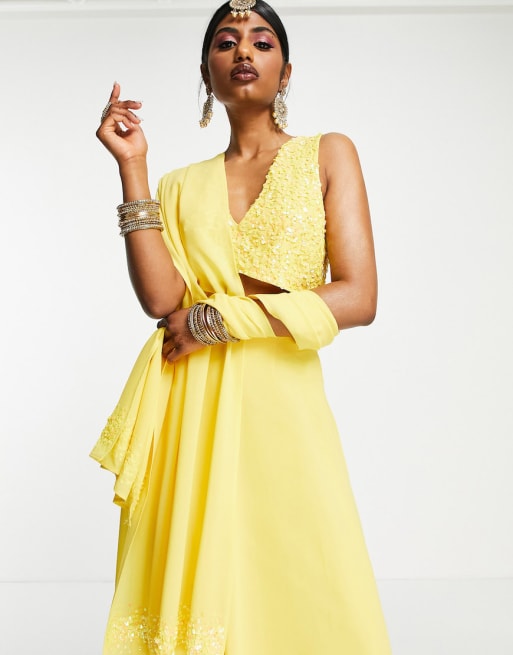 Maya delicate sequin embellished lehenga crop top scarf and maxi skirt in yello ASOS